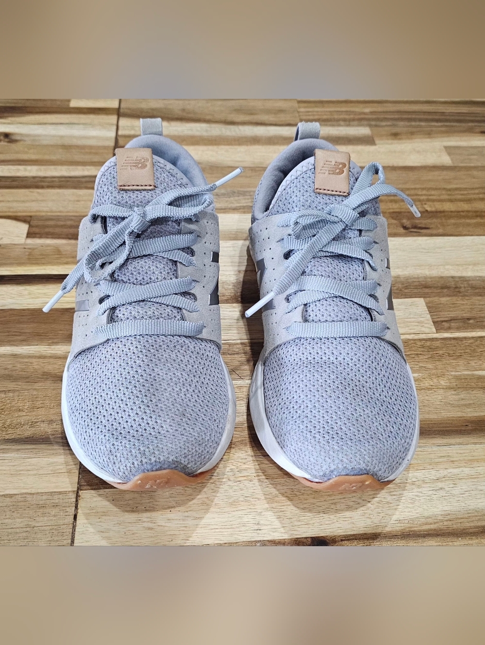 New Balance Light Gray Mesh Athletic Sneakers with Tan Accents